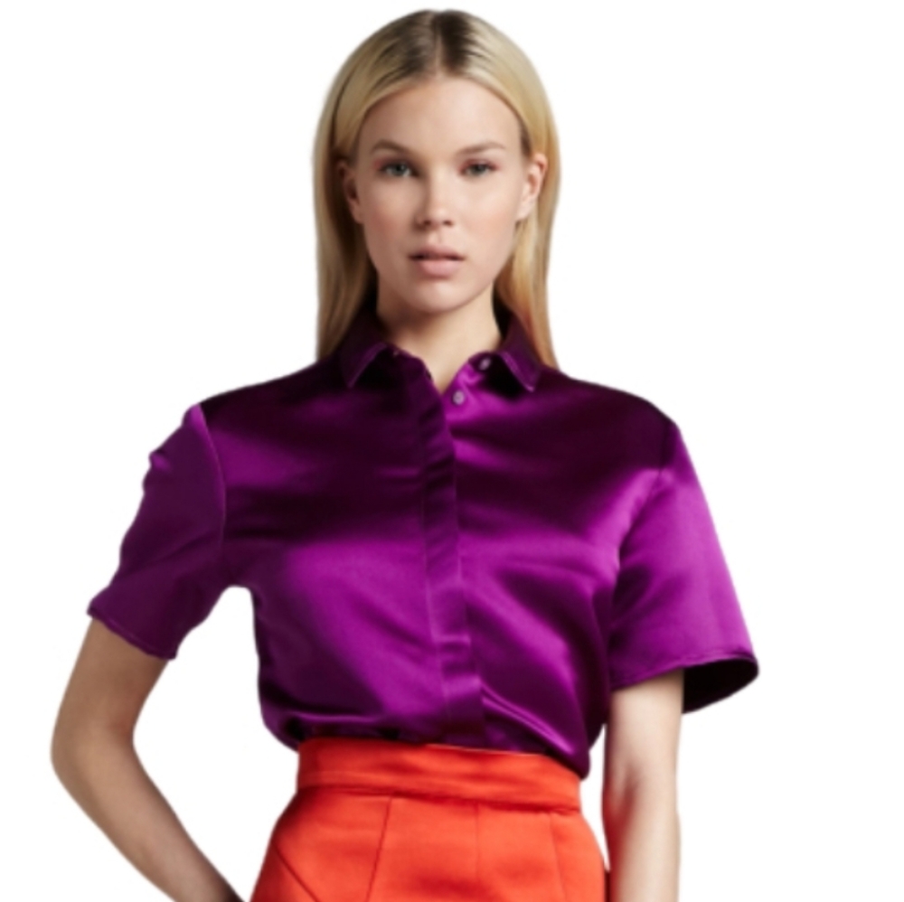 💜 Purple Satin Blouse, Top, Shirt Size: M